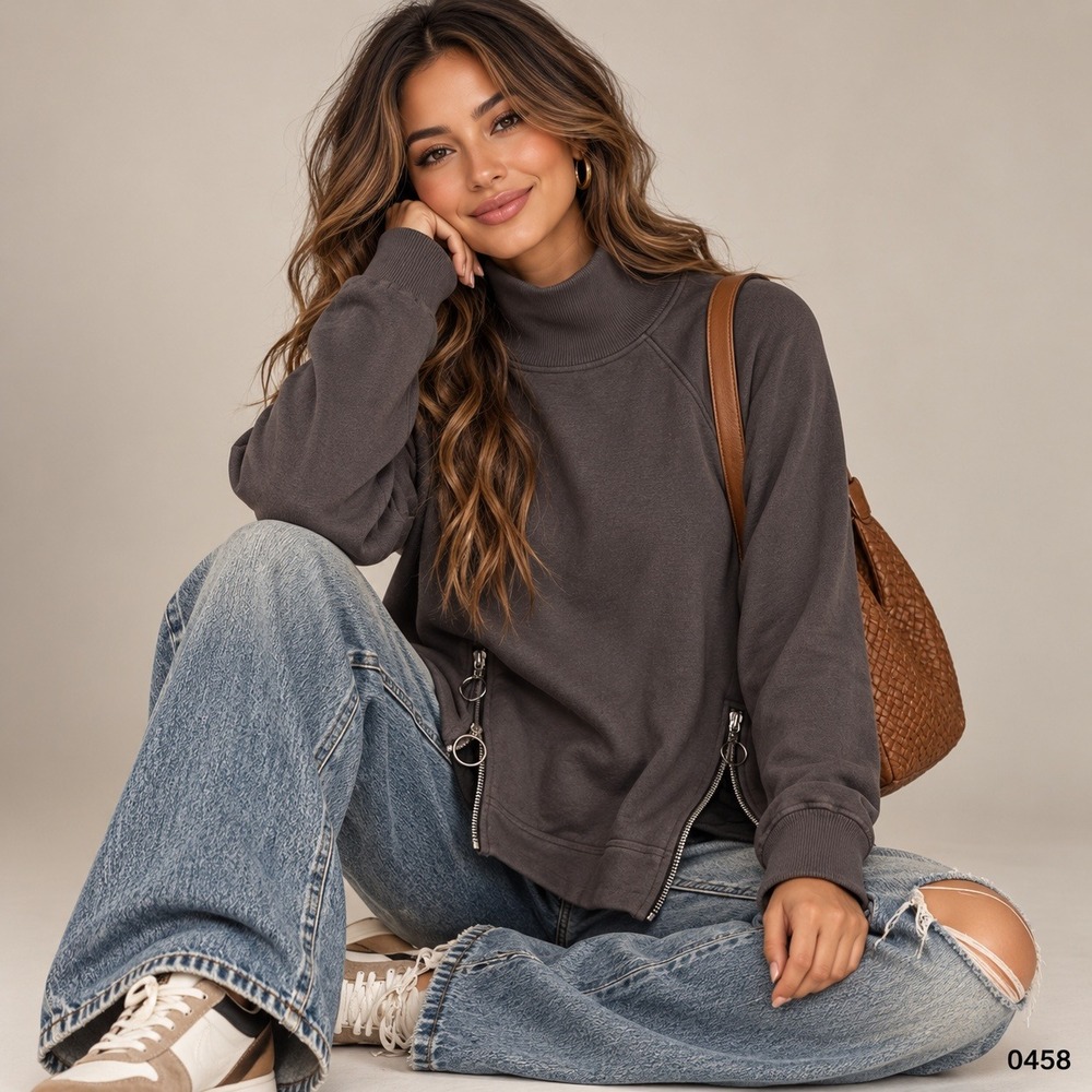 Athleta Women Brown Side Zip Mock Neck Fleece Pullover Sweatshirt Med 0458